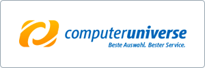 Logo of computeruniverse featuring an orange abstract design on the left and the text “computeruniverse” in blue, with the German slogan “Beste Auswahl. Bester Service.” underneath.