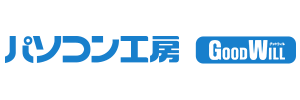 Blue Japanese text next to a blue rectangle containing the white English word GoodWill with smaller text Panda above the ill. White background.