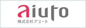 Logo with the word aiuto in lowercase letters, with a in red and the rest in gray. Below, Japanese text 株式会社アユート appears in gray. The background is white with a thin green border.