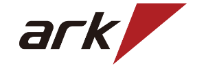 The image shows the word ark in lowercase black letters, followed by a bold red triangular shape pointing upward and to the right.