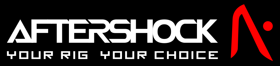 AFTERSHOCK logo in white text with the tagline YOUR RIG YOUR CHOICE below, next to a stylized red A symbol on a black background.