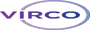 The image shows the word VIRCO in bold, gradient letters transitioning from purple to blue, partially enclosed by a thin, double-lined circular outline with matching gradient colors.