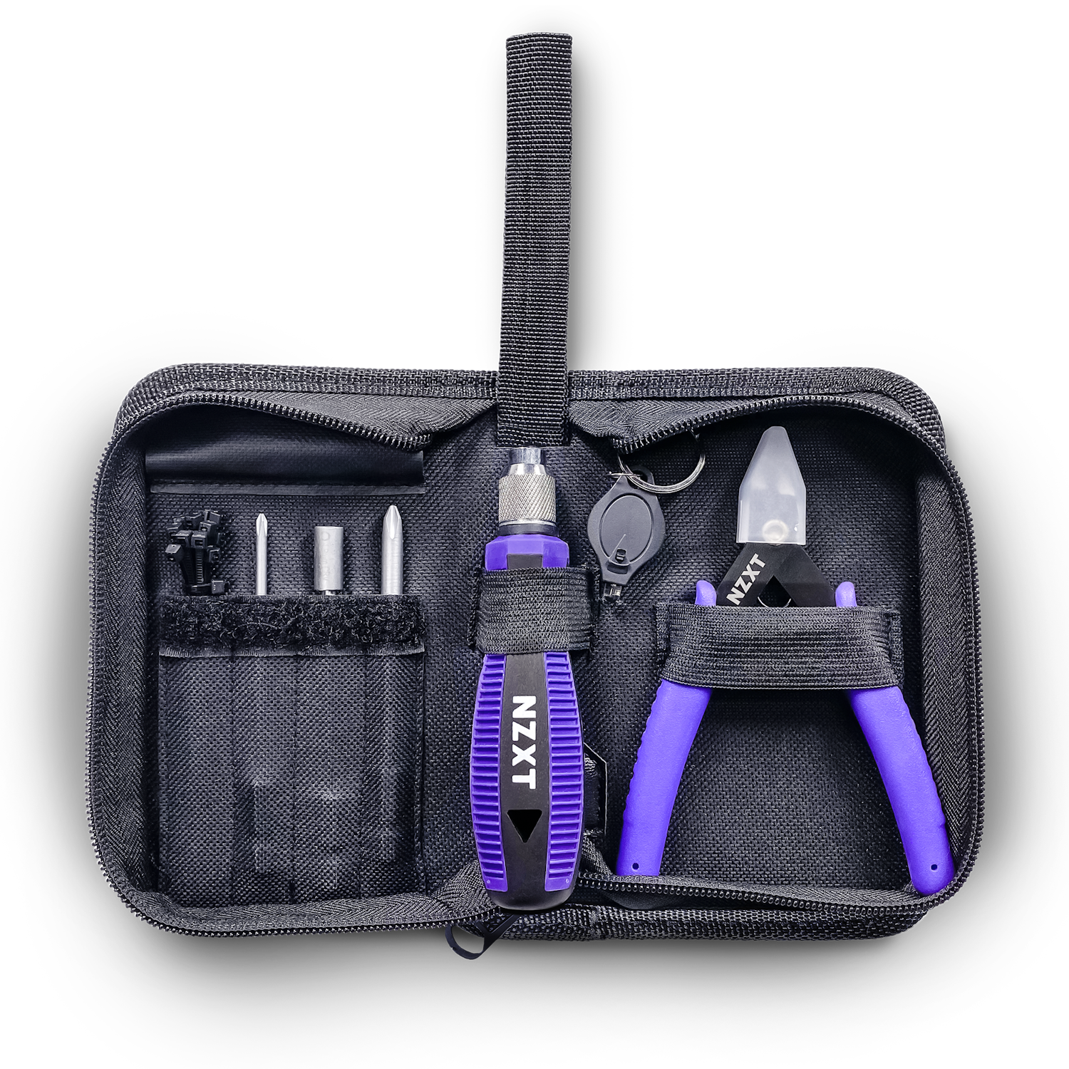 The NZXT BLD Toolkit is a black zippered kit for PC building, featuring a purple NZXT screwdriver with interchangeable bits, a purple wire cutter, and small accessories, all organized in fitted elastic compartments.