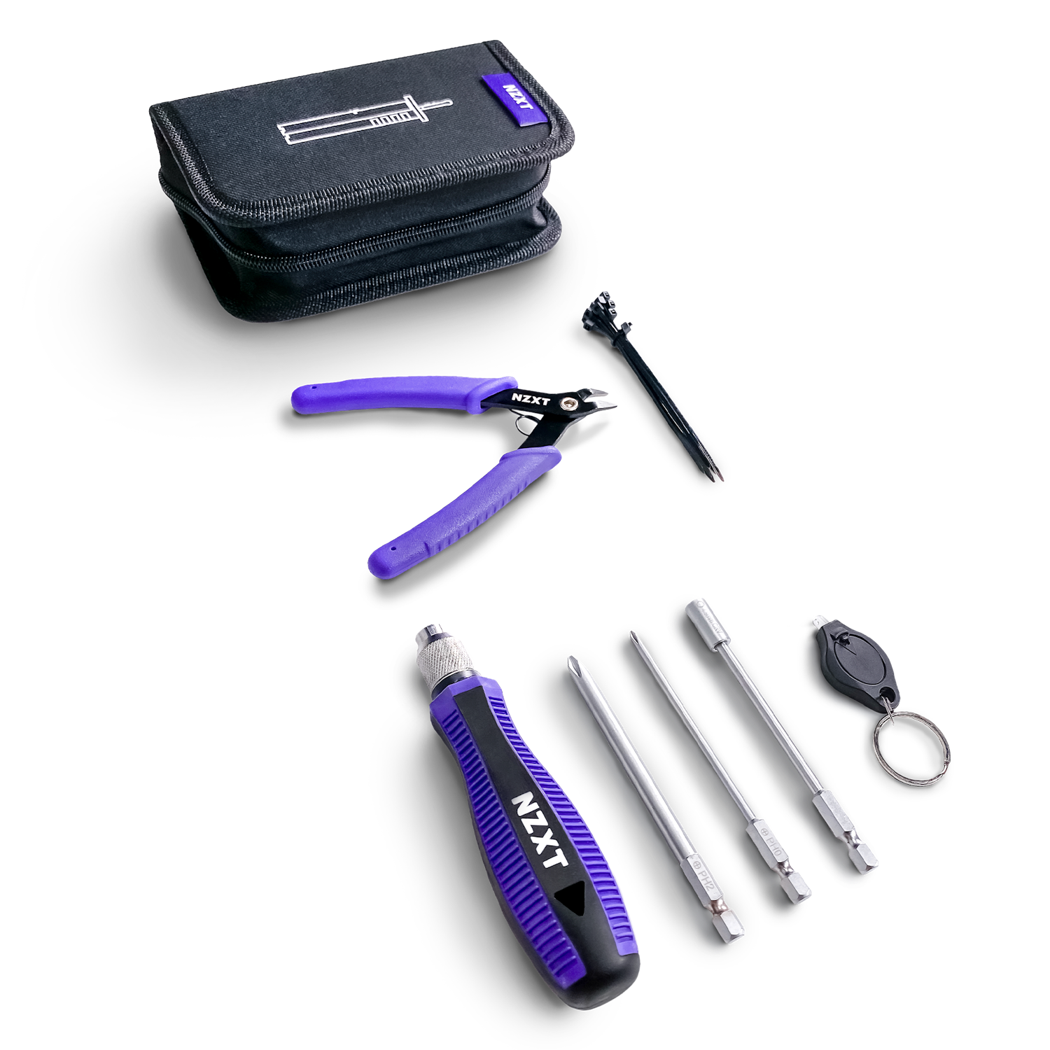 The NZXT BLD Toolkit is a black and purple PC building kit with a zippered pouch, pliers, cable ties, screwdriver handle with three bits, and a keychain tool—all neatly arranged on a black background.