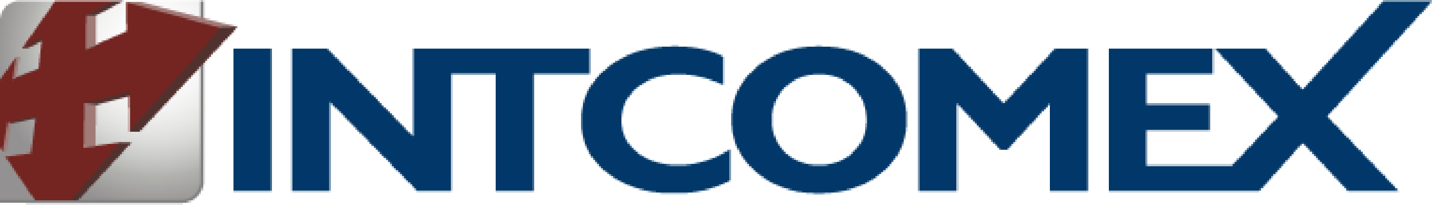 Intcomex logo featuring a stylized red arrow pointing down-left next to the word INTCOMEX in bold blue capital letters.