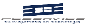 Logo de PC Service con un ícono azul de rectángulos y cuadros alineados, el texto “PC SERVICE” en letras grises y debajo el eslogan en azul: “tu mayorista en tecnología”.
