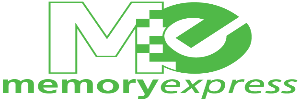 Memory Express logo featuring a large ME in white and green with checkered squares, a green circular checkmark, and the words memory express below in green lowercase letters.