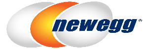 Newegg logo featuring three overlapping egg shapes, with the center egg shaded orange, and the word newegg in bold blue letters across the eggs.