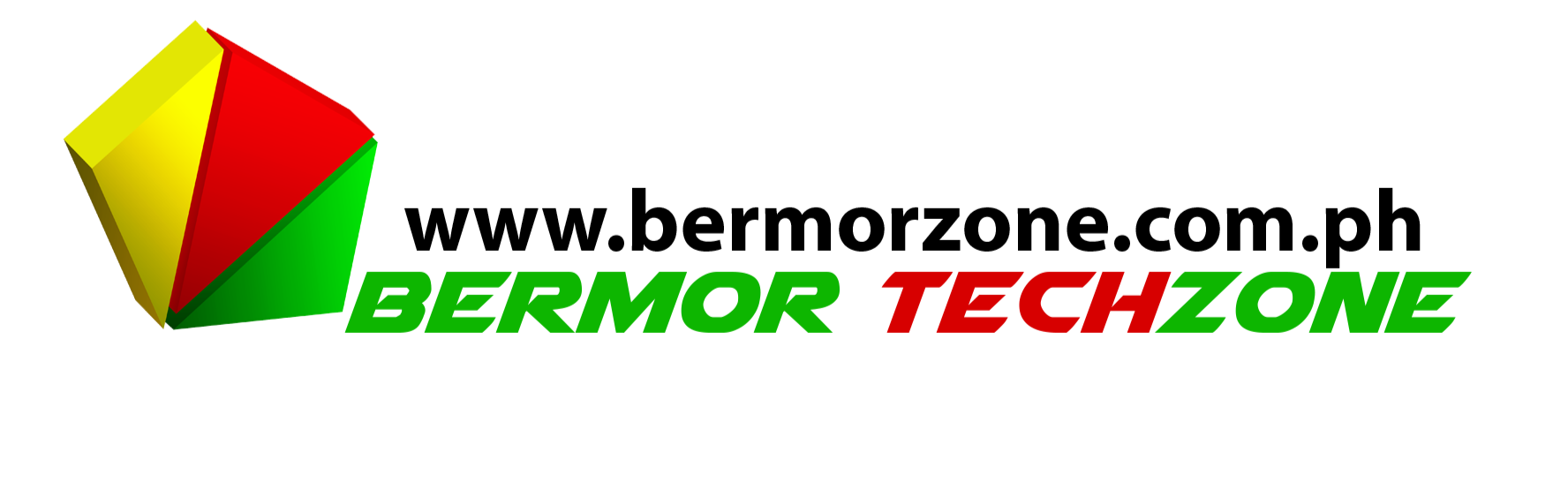 A geometric, multicolored 3D shape sits to the left of bold black text reading BERMOR TECHZONE, with BERMOR in green and TECHZONE in red and green. The background is white.