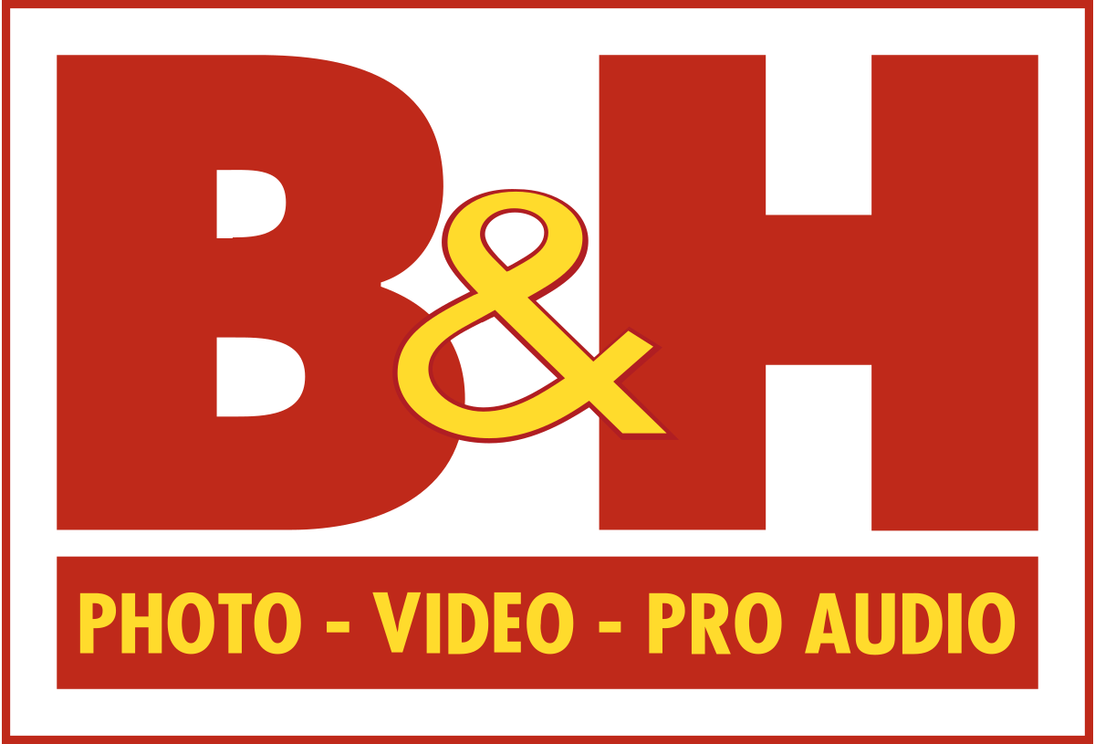 B&H logo with large red letters B&H and a yellow ampersand, above a yellow and red bar that reads PHOTO · VIDEO · PRO AUDIO.
