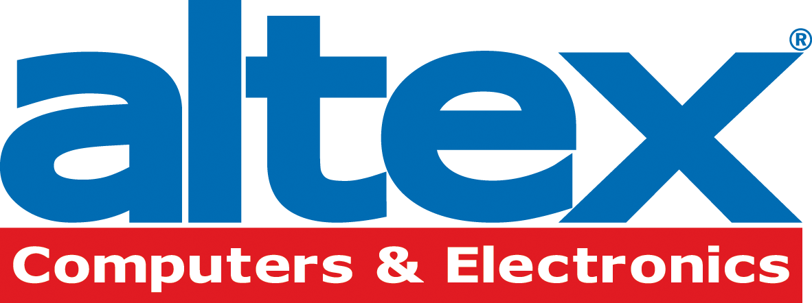 The image shows the altex logo in bold blue letters, with Computers & Electronics written in white text on a red background underneath.