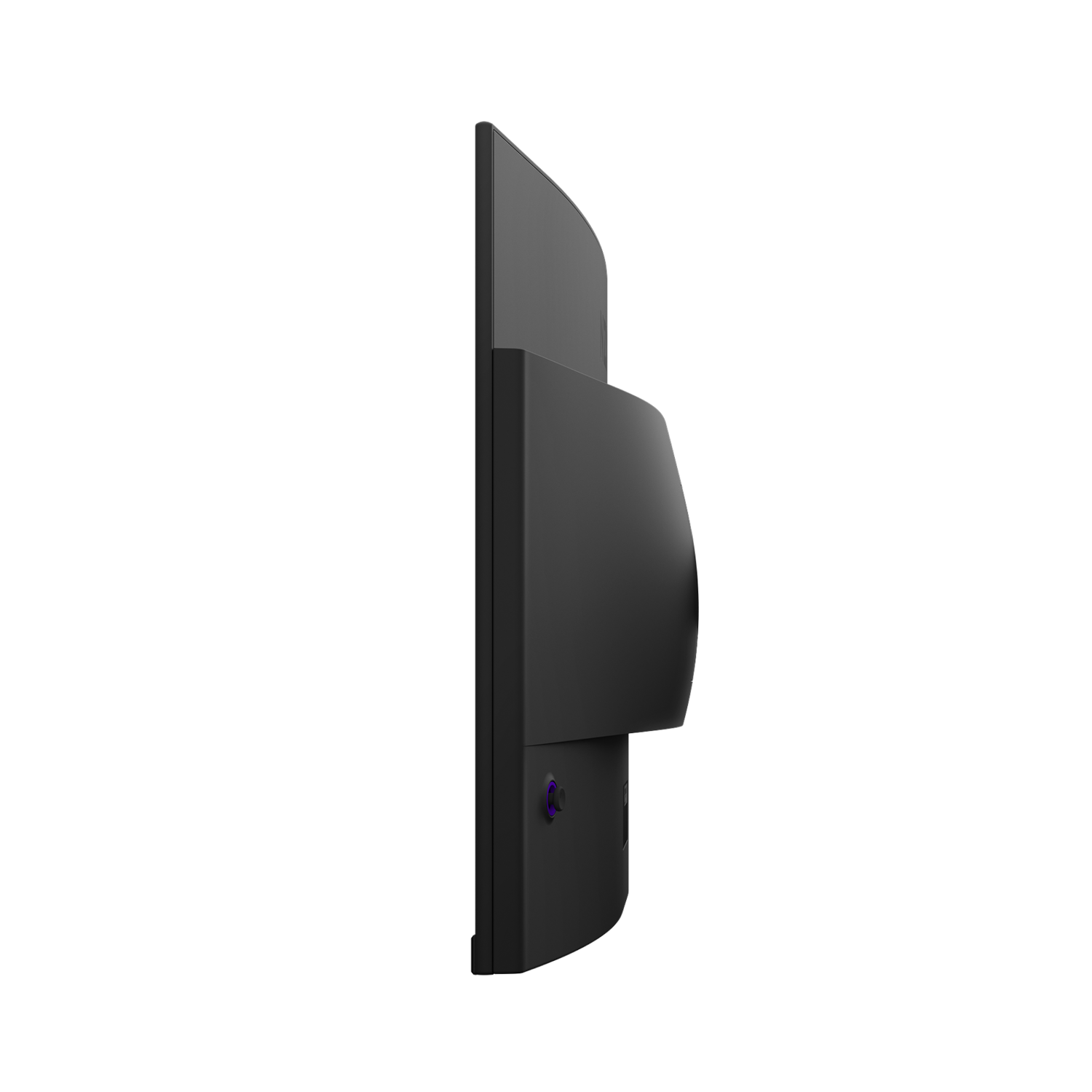 Side view of the NZXT Canvas 32Q Curved (Panel Only), a sleek black curved flat-screen monitor with a protruding back panel and attached stand, standing out against a plain black background.
