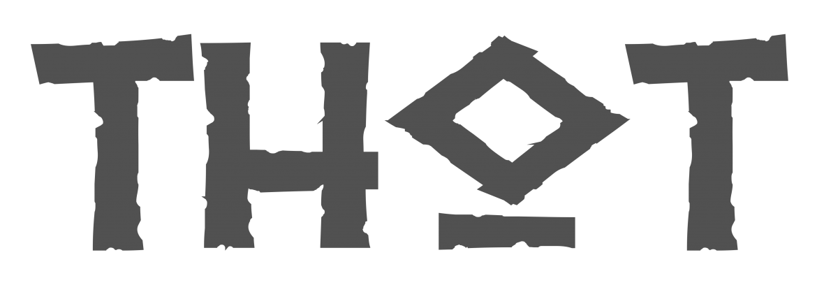 The word THOT is written in a rough, jagged font; the letter O is stylized as a diamond shape tilted on its side. The text appears in dark gray on a transparent background.
