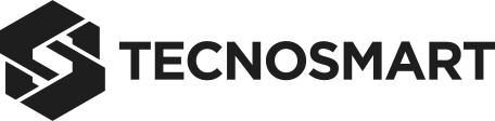 Black logo with the word TECNOSMART in bold, uppercase letters, next to two geometric shapes resembling arrowheads or abstract letter Ts pointing outward.