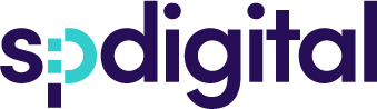 Logo reading spdigital in lowercase letters. The sp is stylized with the s in dark blue and the p in turquoise, featuring a geometric design. The rest of the word digital is in dark blue.