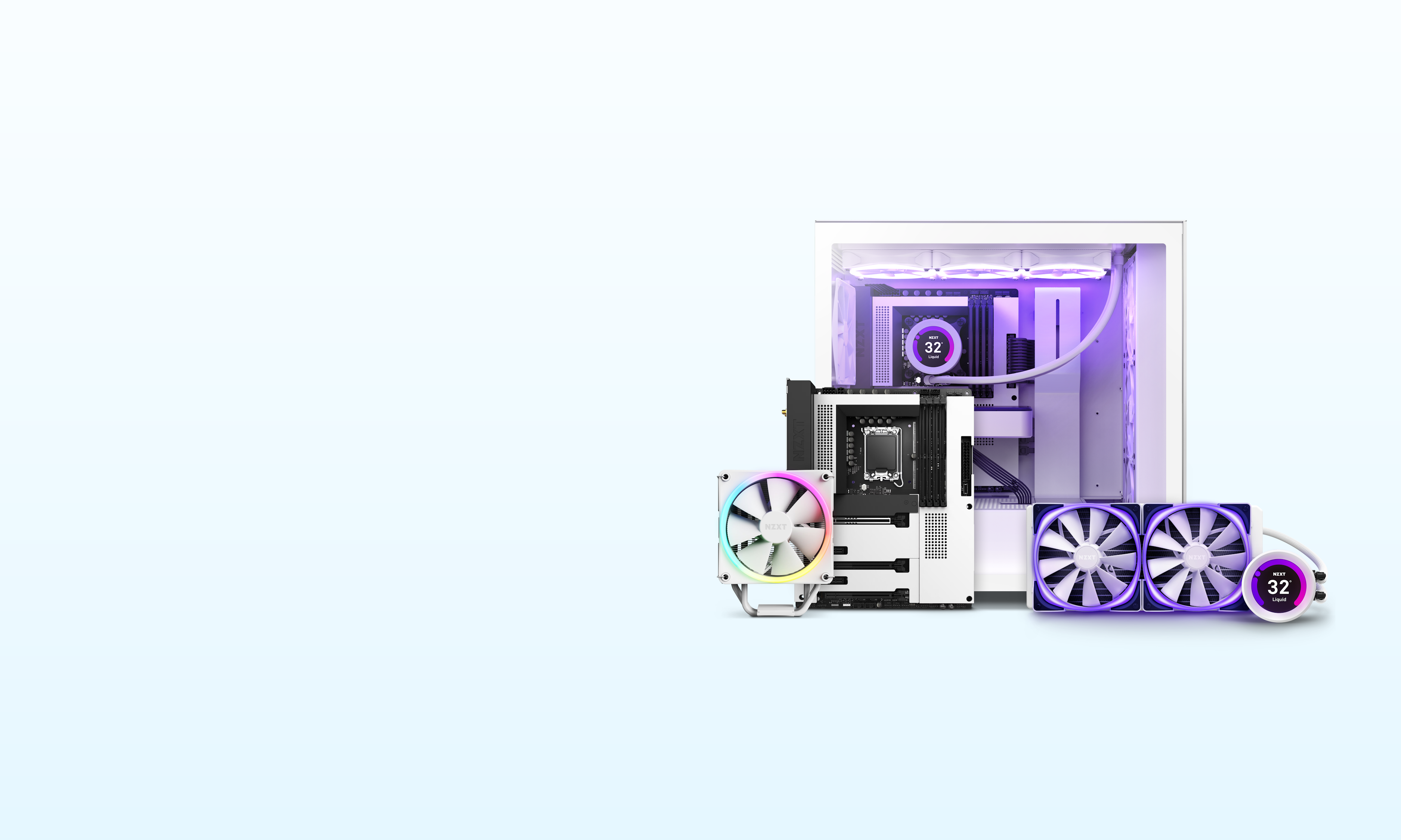 A white desktop computer case with purple interior lighting is displayed alongside various computer components, including a motherboard, fans, and a cooling system, on a light gradient background.