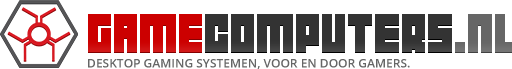 Logo for Gamecomputers.nl featuring a red and gray geometric icon to the left and the website name in blocky, stylized text. A tagline in Dutch is shown below the main logo.