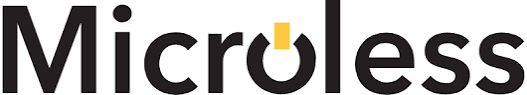 The image shows the word Microless in bold black letters with a yellow rectangle above the letter l, serving as the dot on the i.