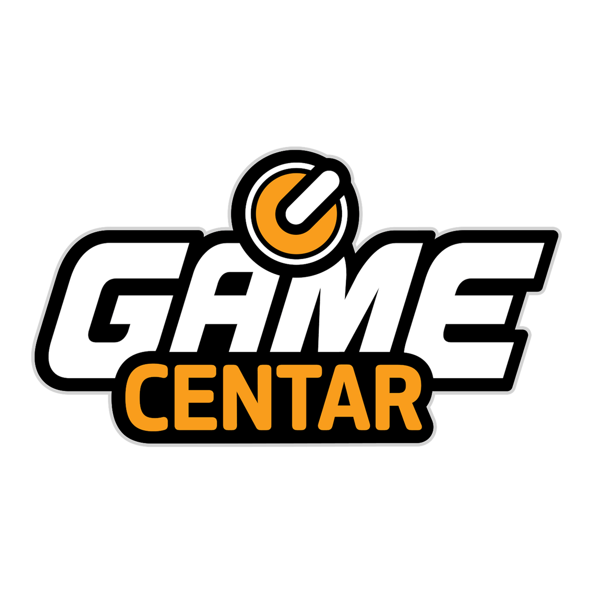Logo with the words “GAME CENTAR” in bold letters; “GAME” is white with a black outline, and “CENTAR” is orange with a black outline. Above the text is a circular power button icon in orange, white, and black.