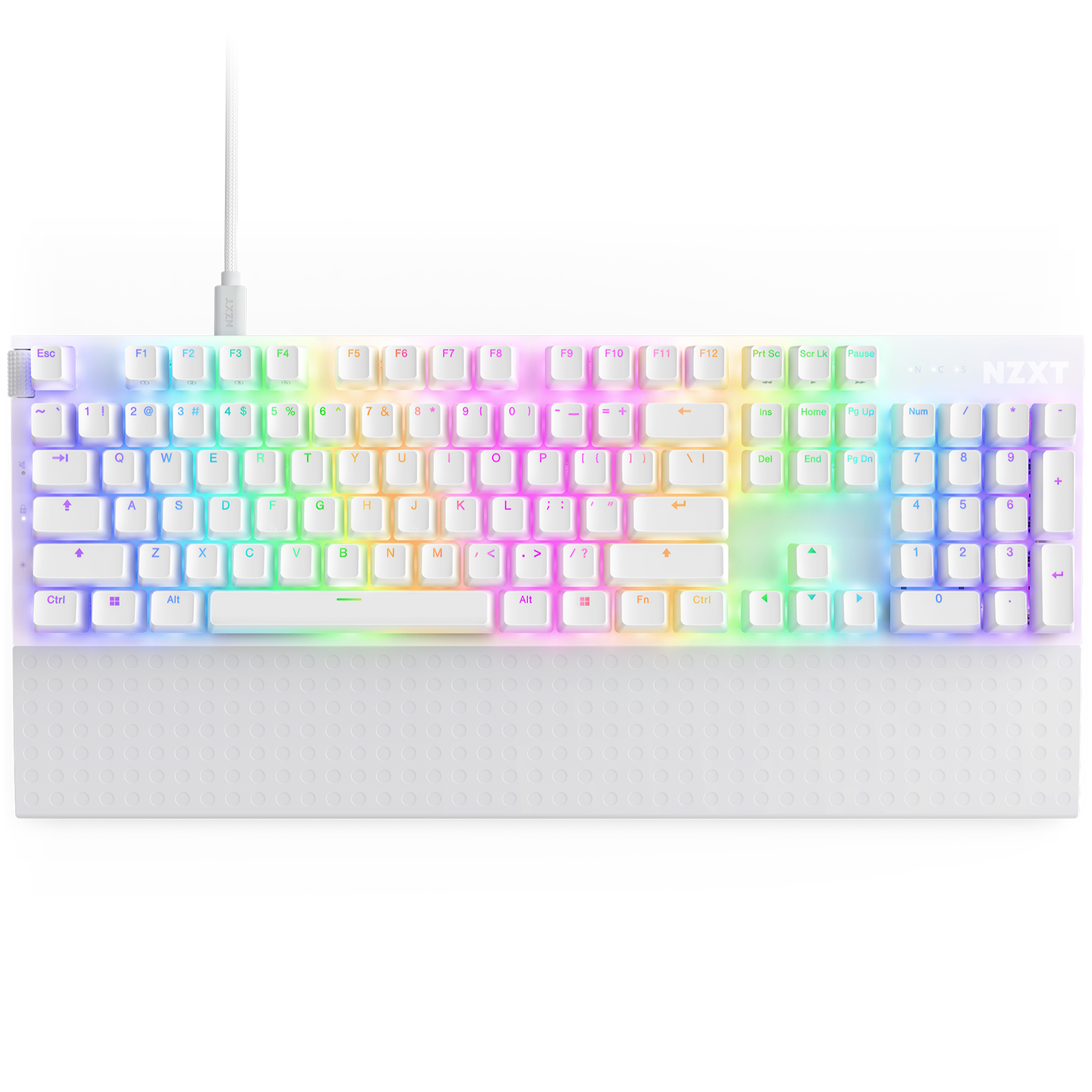 The NZXT Function 2 is a white mechanical keyboard with optical switches, RGB pastel rainbow backlighting, a matching white wrist rest, and an 8-foot white cable for connection.