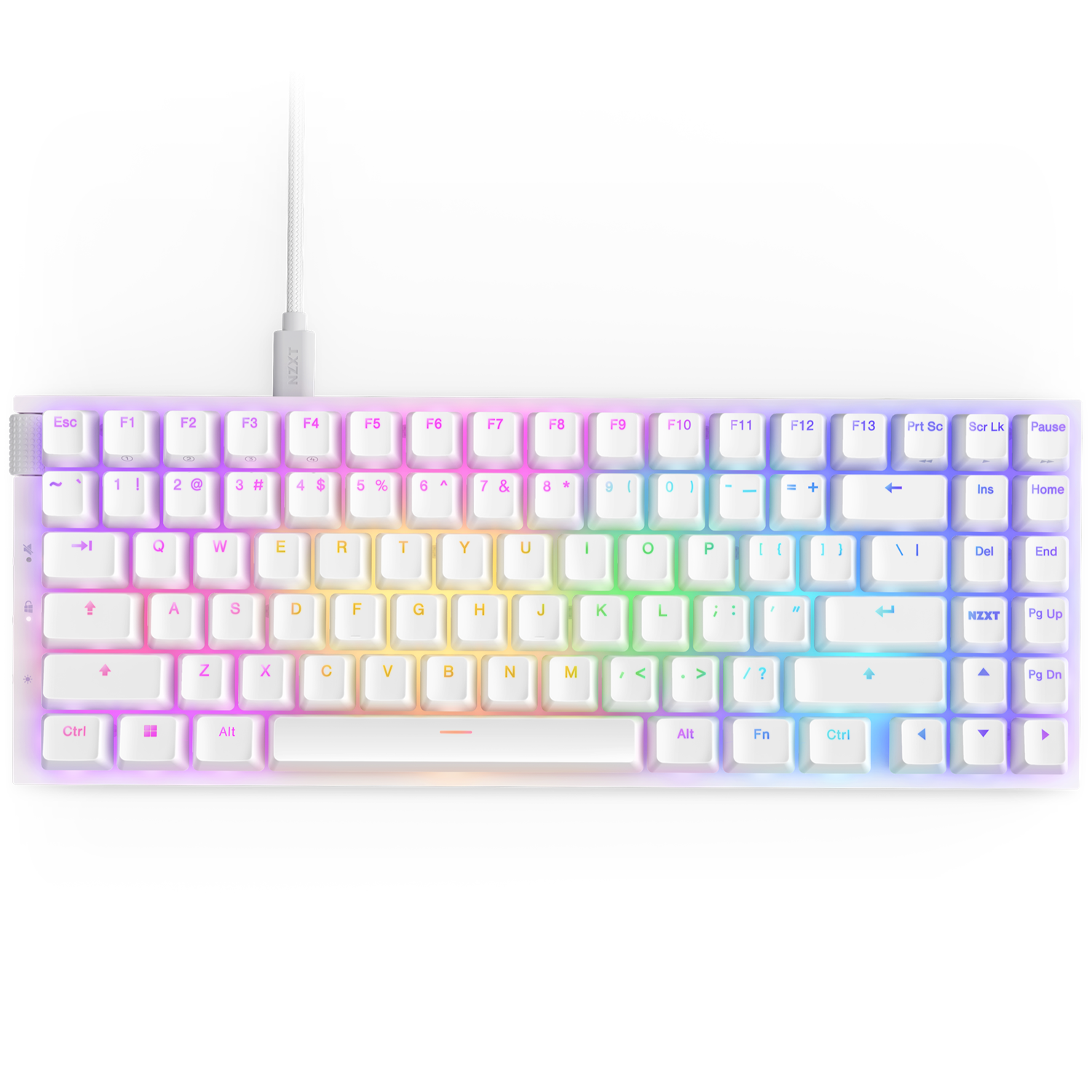 The NZXT Function 2 MiniTKL is a white, compact wired keyboard with RGB pastel-gradient backlit keys, a minimalist design without a numeric keypad, and smooth linear optical switches.