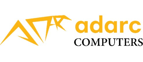 Logo for Adarc Computers. On the left, there is an abstract yellow design resembling a stylized bird. On the right, the text reads adarc in yellow and COMPUTERS in black capital letters.