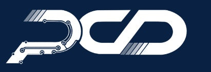 Stylized white letters PCD on a dark blue background, with the P featuring circuit-like lines and the C and D decorated with diagonal stripes.