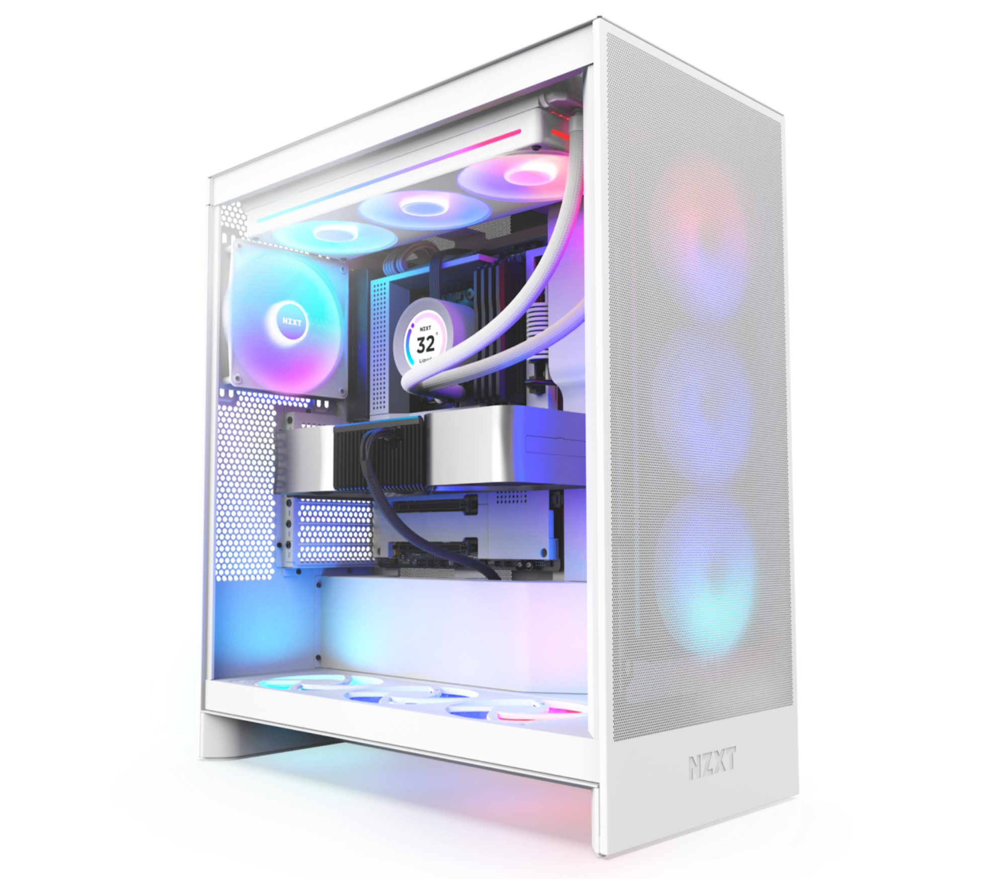 A white gaming PC tower with RGB lighting inside, featuring illuminated cooling fans, visible wiring, and components like a graphics card and processor, all housed in a sleek case with a mesh front panel.