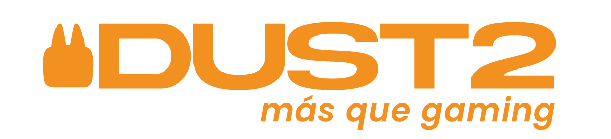 Orange logo with a stylized bunny head, the text DUST2 in bold, and más que gaming in italic below, all on a transparent background.