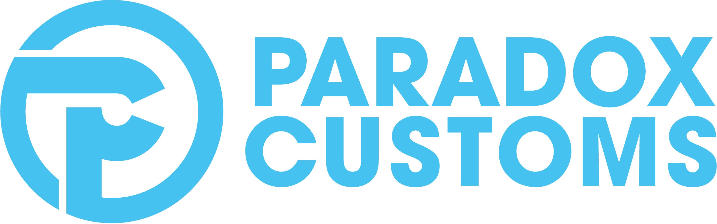 Light blue logo featuring a stylized P inside a circle, next to the words PARADOX CUSTOMS in bold, uppercase letters, all on a white background.