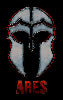 A stylized silver Spartan helmet outlined in red on a black background, with the word ARES in bold, red, distressed letters below the helmet.