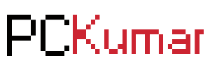 The image displays the text PCKumar on a black background. PC is outlined in gray pixels, while Kumar is written in solid red, pixel-styled letters.