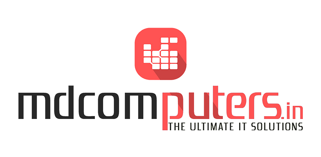 Logo for mdcomputers.in featuring a red square icon with white pixel blocks and the text mdcomputers.in THE ULTIMATE IT SOLUTIONS in black and red stylized font.