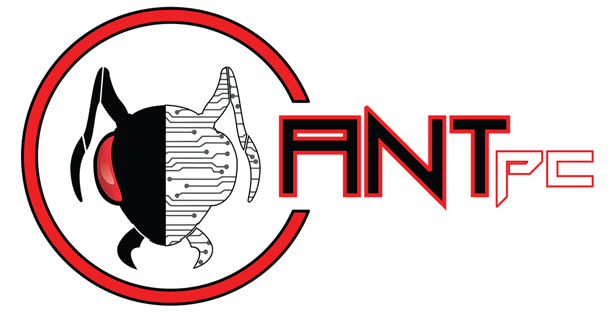 Logo with a stylized cat outlined in red and black, featuring a white face with circuit patterns, next to bold text reading ANT PC in red and black.
