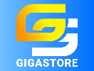 The image shows a stylized logo with yellow and white abstract shapes forming the letter G on a blue gradient background. Below the logo, the word GIGASTORE is written in bold white capital letters.