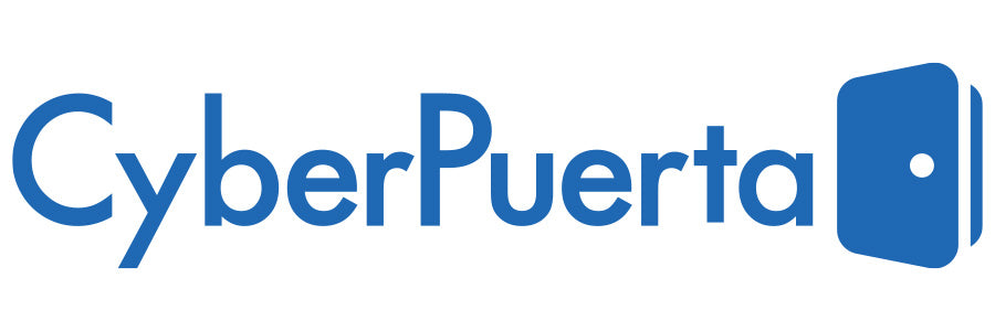 The CyberPuerta logo features the word CyberPuerta in blue, with a stylized door icon resembling the letter a at the end. The background is white.