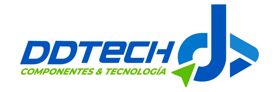 Logo featuring DDTECH in blue, COMPONENTES & TECNOLOGÍA in green below it, and an abstract blue and green symbol on the right resembling the letters d and t.