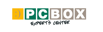 Logo with a yellow square featuring a smiley face, followed by green and gray squares spelling PC BOX. Below, the words EXPERTS CENTER appear in a black handwritten font.