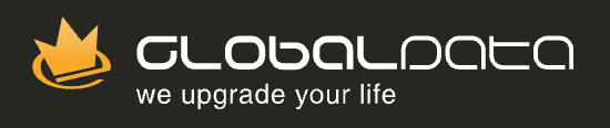 Globaldata logo featuring a stylized orange crown and white text reading GLOBALDATA with the slogan we upgrade your life on a dark background.