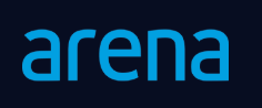 The word arena is written in lowercase, bold, blue letters on a dark background.