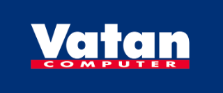 Vatan Computer logo with Vatan in bold white letters above a red bar containing the word COMPUTER in white, all on a blue background.
