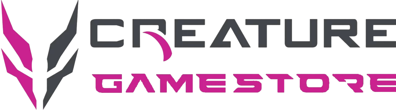 Logo for Creature Gamestore with stylized text; CREATURE in dark gray with a claw-like design on the left, and GAMESTORE in bold pink, both on a transparent background.