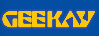 Yellow stylized letters spelling GEEKAY on a blue background.