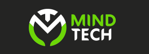 A black background with a white and green circular logo resembling an abstract M next to the words MIND TECH in bold white and green letters.