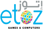 Logo with the text etoZ in blue and gray, where the letter o is a colorful globe. Above, there is Arabic script, and below is the phrase GAMES & COMPUTERS in black.