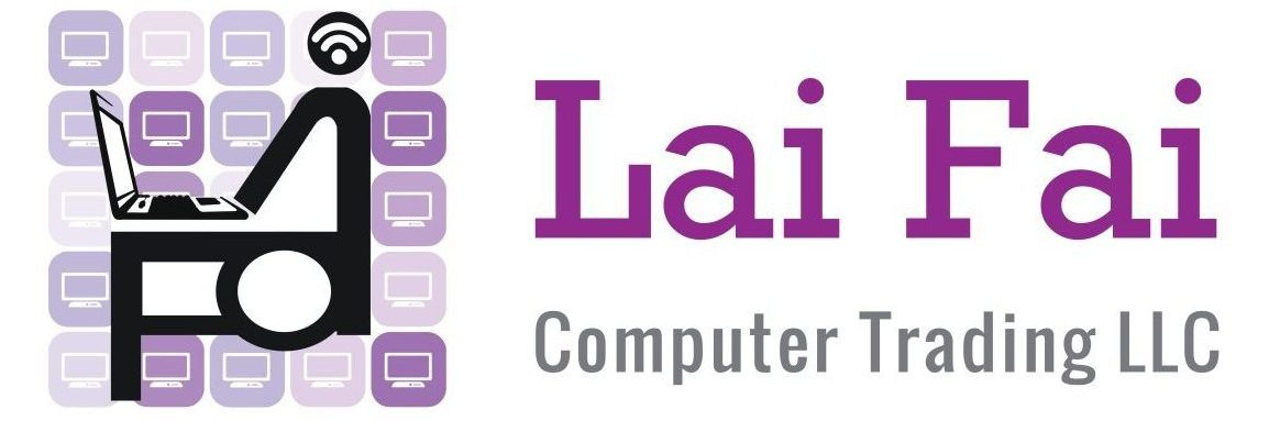 Logo for Lai Fai Computer Trading LLC. On the left, a graphic of a person using a laptop, formed by computer icons. On the right, the company name is written in large purple and gray text.