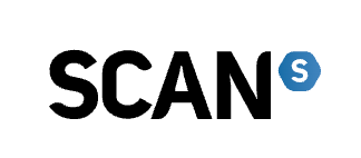 The image shows the word SCAN in bold black letters, with a blue hexagon containing a white lowercase s at the end.