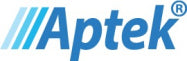 Logo for Aptek. The word Aptek is written in bold blue letters with three diagonal blue stripes to the left and a registered trademark symbol (®) to the upper right.