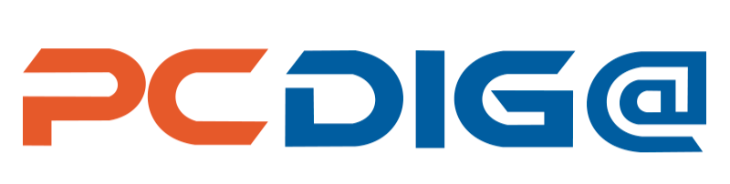 PCDIG@ logo with PC in orange and DIG@ in blue, featuring stylized, bold letters and a unique @” symbol at the end. The design is on a white background.