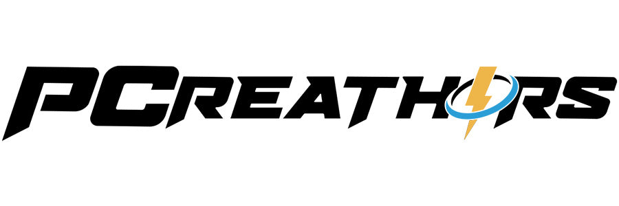 The image shows the word PCREATHORS in bold, stylized black font. The letter O is replaced with a lightning bolt and a blue ring encircling it.